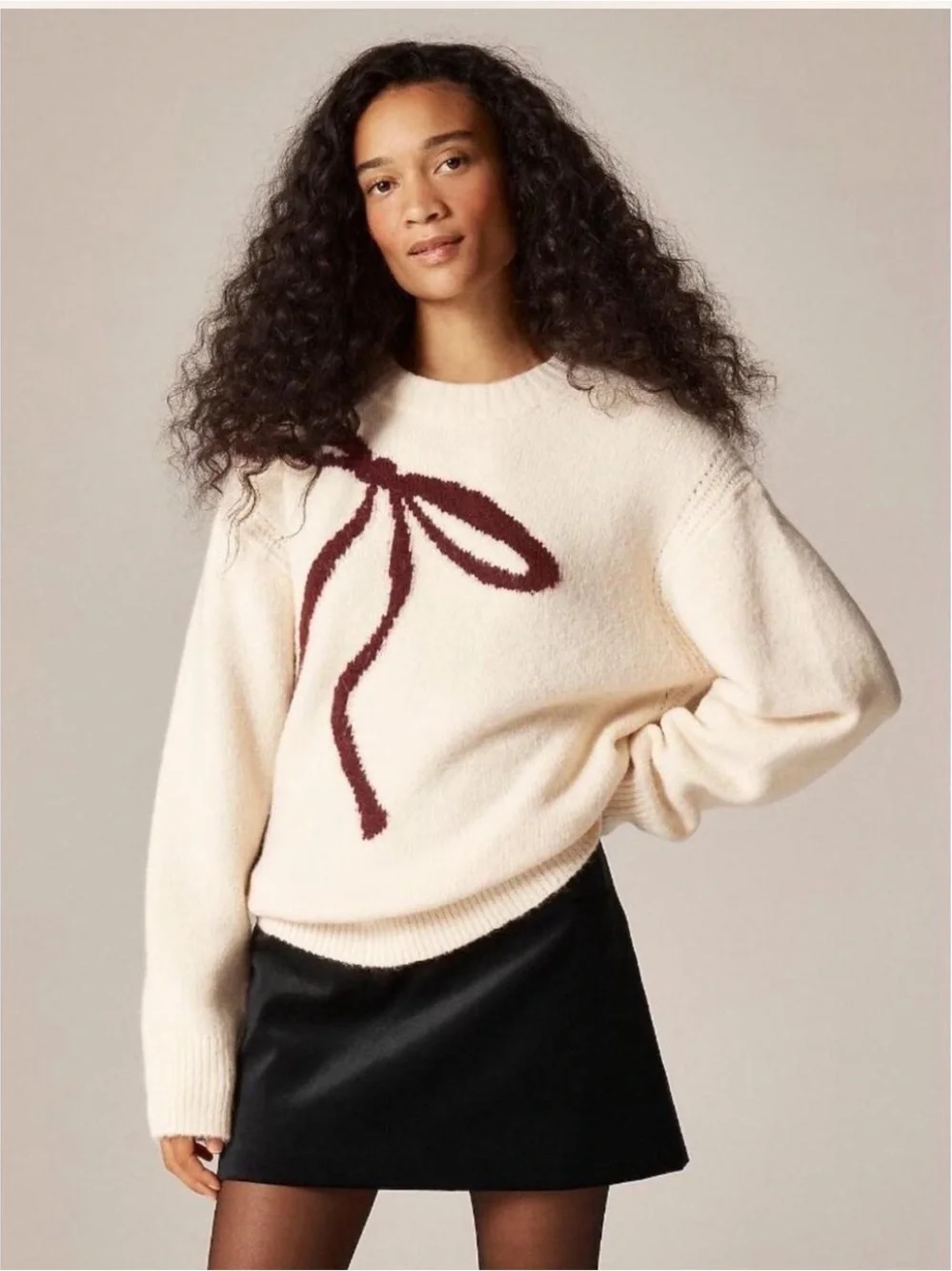 J. Crew Cream Crewneck Sweater with Burgundy Bow Detail
